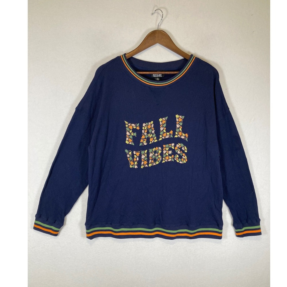 Autumnal Feeling Festive Womens XL Navy Blue Fall Vibes Waffle Knit Pullover‎